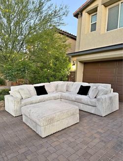 Beige Corduroy Sectional w/ Ottoman