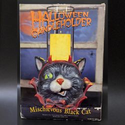 Mischievous Black Cat Halloween Candle Holder