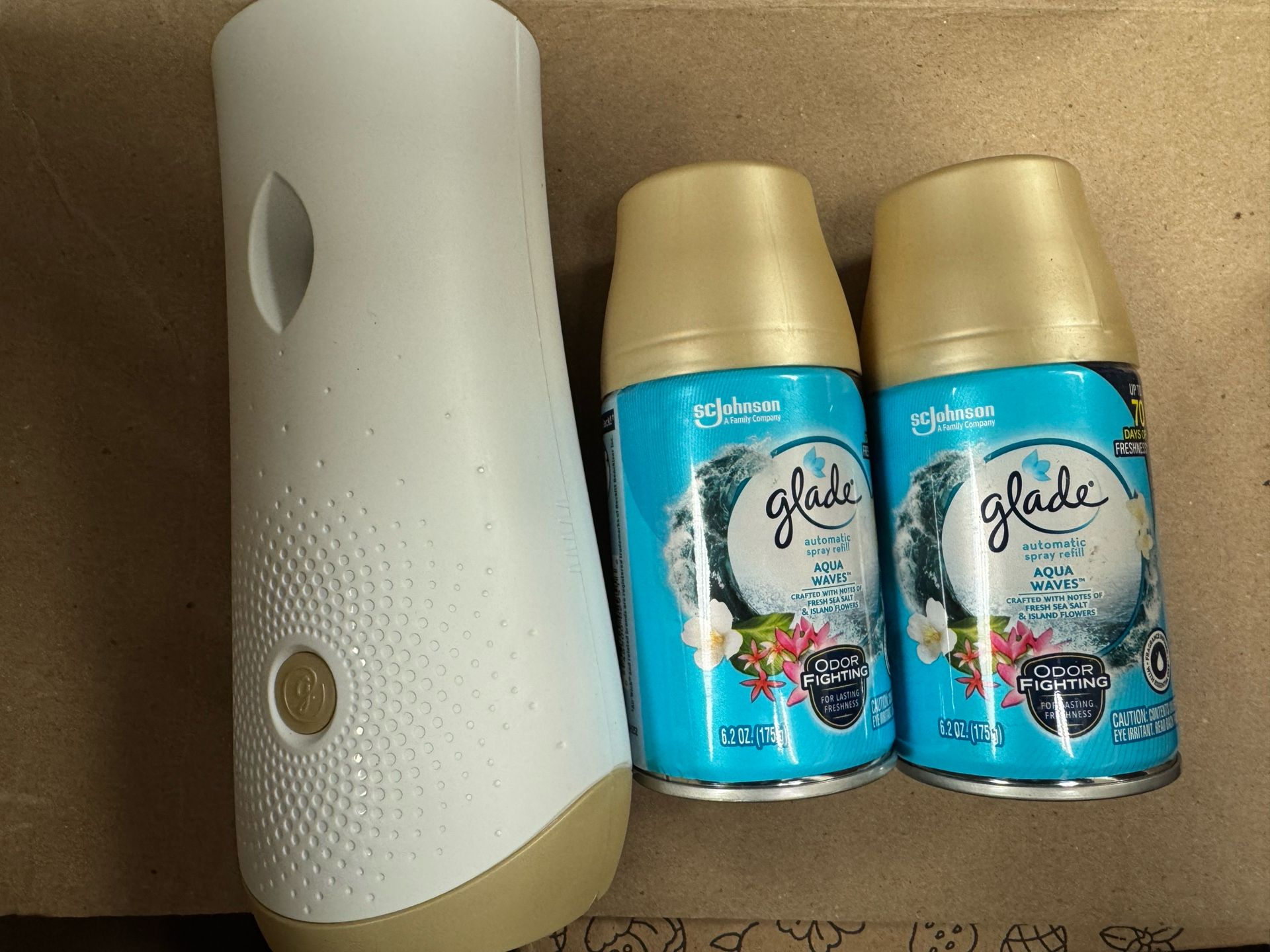 Glade Automatic Spray Refill and Holder Kit, Air Freshener for Home and Bathroom, Aqua Waves, 6.2 Oz, 2 Count