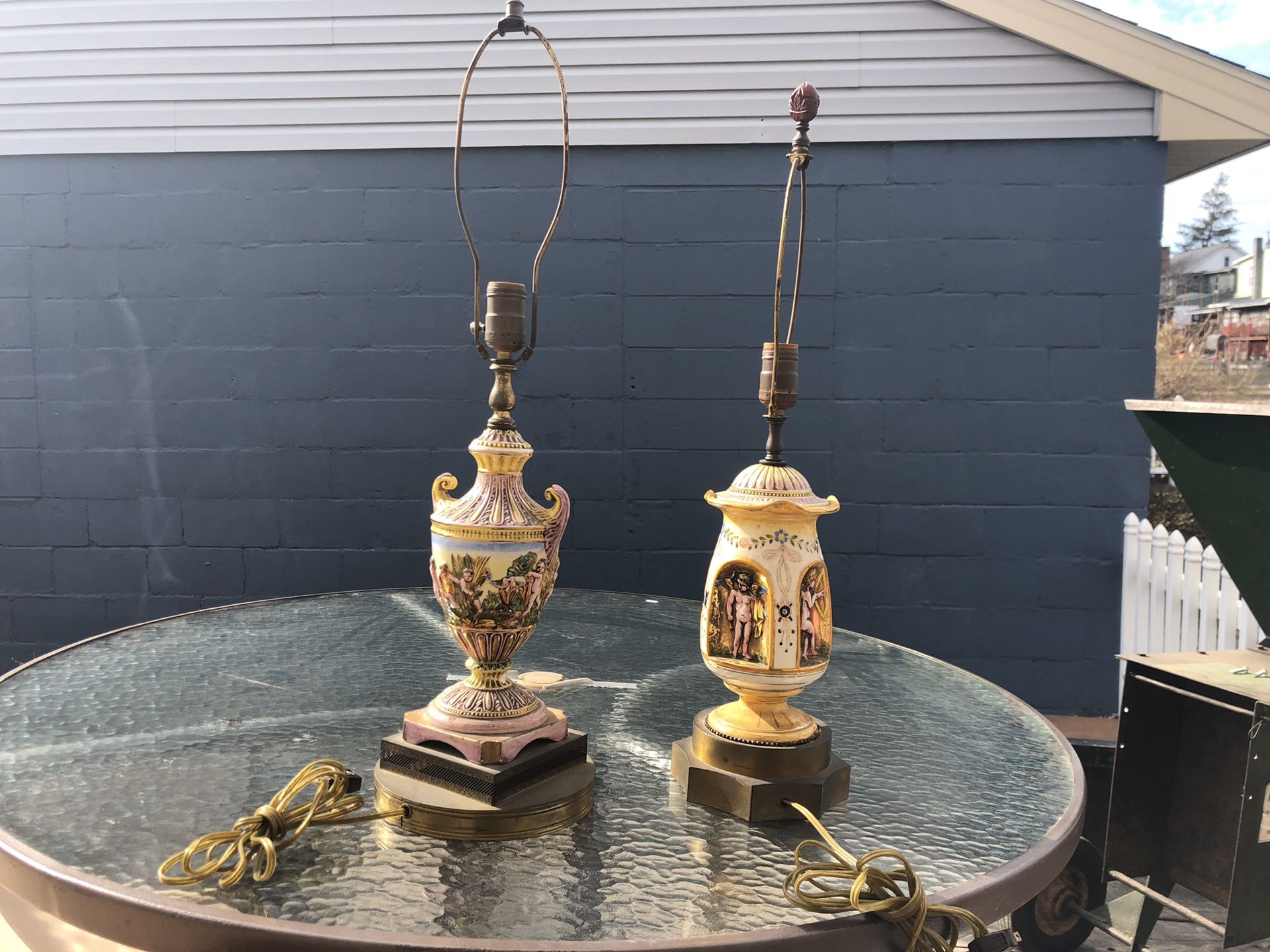 Italian style vintage antique hand painted cherub table lamps