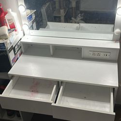 3ft wide & 4 ft tall white vanity with pink chair