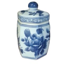 Blue White Hexagonal Porcelain Jar Lid Floral Bird Motif Underglaze Mark