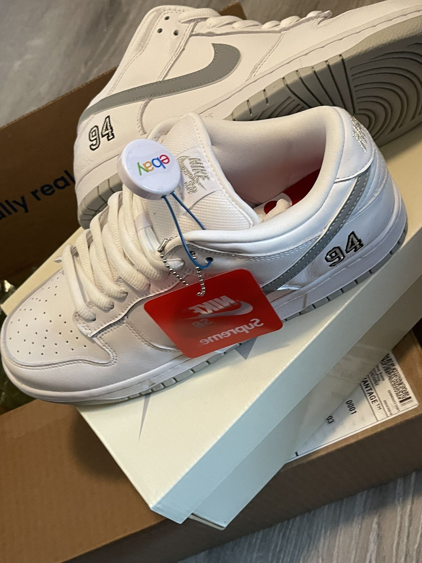 Supreme Nike SB Dunk Low 94 White Metallic Silver 