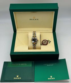1980s Rolex 26mm Datejust Natural Black Diamond Dial Ladies watch & Gold Fluted Bezel stainless steel Jubilee Bracelet box tag appraisal