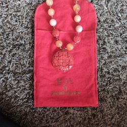 Vintage Kenneth Jay Lane Kjl Czech Republic Carved Cinnaber Pendant And Glass