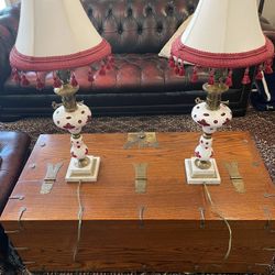 Vintage Antique Milk Glass Marble Pair Of Table Lamps