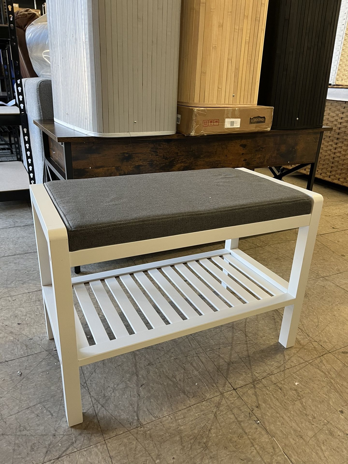 SONGMICS Shoe Rack Bench Cushion Upholstered Padded Seat w/ Storage Shelf - Gray & White