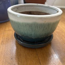 Blue And White Plant Pot With Saucer