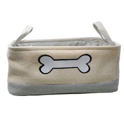 Winifred & Lily Pet Storage Bin – 16”x12” Khaki with White Bone Embroidery