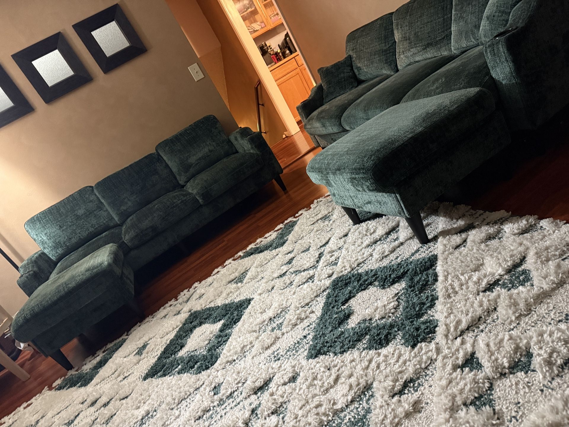 Emerald Green Macy’s Sofas + Matching Moroccan Rug – Like New!