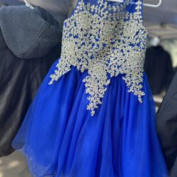 Royal Blue And  Girls Gold Lace Pageant Dress Short Formal Gowns Tulle 