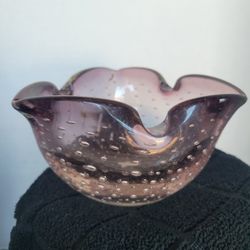 Vintage Handblown Glass Bowl Ashtray Lilac Purple Bullicante Controlled Bubbles