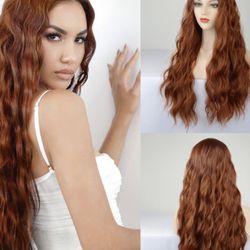 Auburn Wig Long Wavy Copper Red Wig Curly Synthetic Lace Wig Water Wave Ginger Wig 