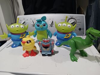 Disney Pixar Toy Story action figures.  
-  2  Electronic Talking light-up Allien doll 
-  Bunny Poseable Electronic talking  doll blue
-  Rex dinosau