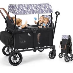 ☆ ELEMARA Wagon Stroller 4 Seater, Premium Stroller Wagon for 4 Kids, Foldable All-Terrain Wagon for Kids with Canopy, Adjustable Push/Pull Handles,Co