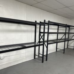 Rack Industrial Shelving, 77” x 24” x 78" each section.   Preowned. Attached to each other is 2 sections. Total of 3 upright pieces, and 6 horizontal 