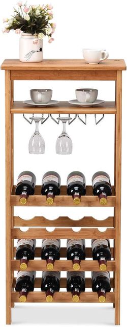 Bamboo Floor Wine Rack with Glass Holders & Shelf