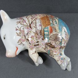 Vintage Chinese Famille Rose Porcelain Lucky Sleeping Pig Statue
