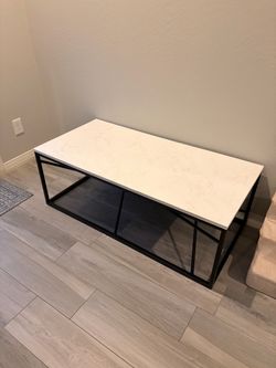 Modern Coffee Table  White Marble Look Top & Black Metal Frame – $75