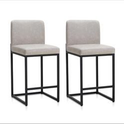 Set of 2 faux Leather Bar Stools Counter Height Kitchen Stools with Back Support 24".