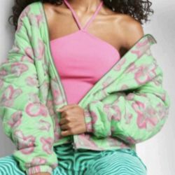 Wild Fable Mint Green And Pink Floral Hooded Quilted Jacket 
