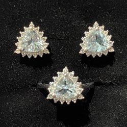 Natural Aquamarine Earring & Ring Set S925 Sz 6 & 7