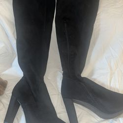 Thigh High Black Velvet Boots