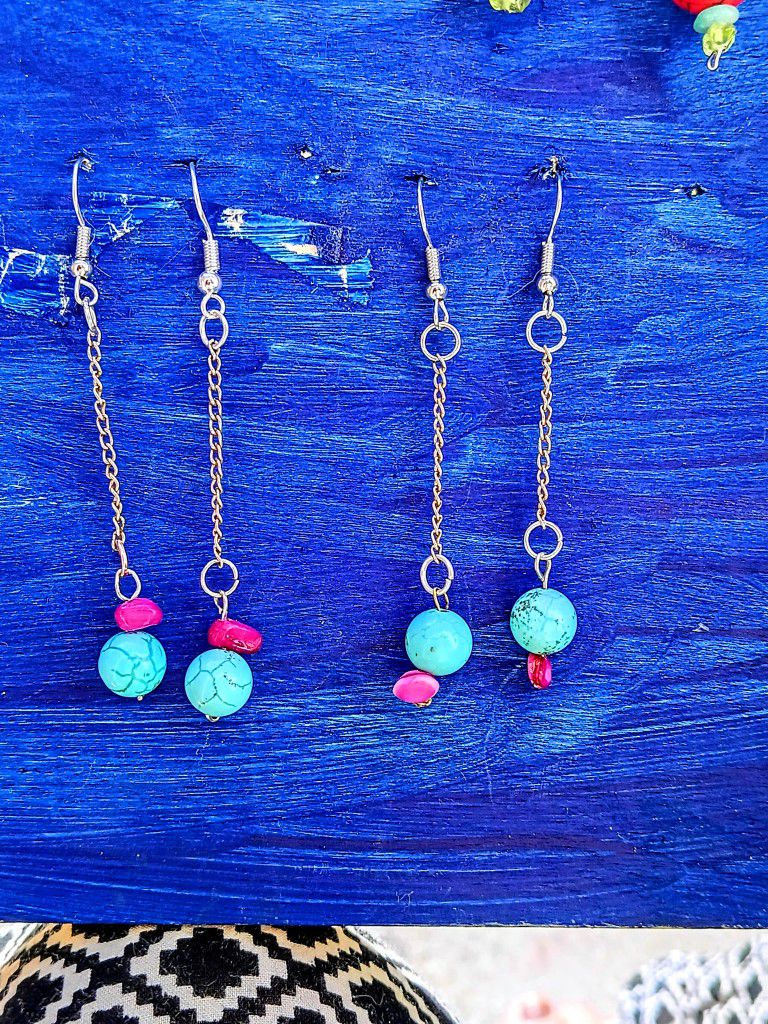 Blue Turquoise Bead Dangled Chain Earrings 