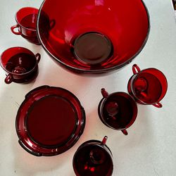 Vintage Ruby Red Punch Bowl Set