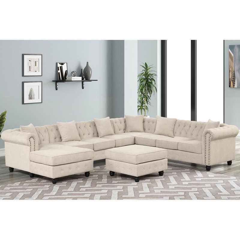 New! Modern Fort 4-Piece Beige Linen Corner Sectional W/ Rolled Arms U Shape Sectional Sofa W/ Ottoman