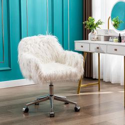 Modern White Glam Furry Swivel Armchair for Vanity / Office [NEW] **Retails for $180