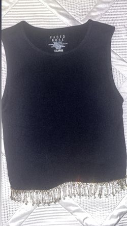 Faded Rose Black Top with Rhinestone Fringe, XL.