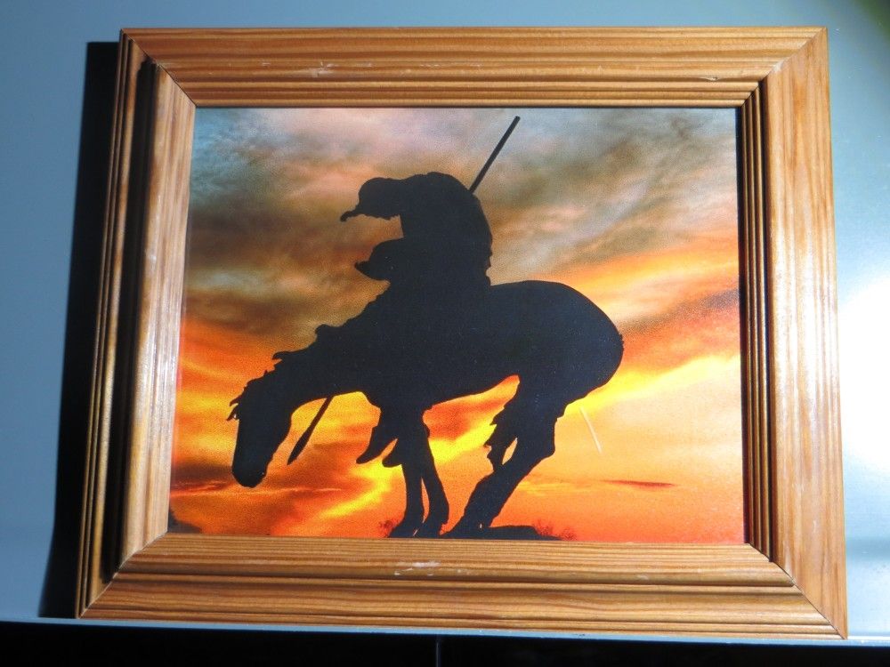 8 X 10 Framed Photo Of End of the trail Statue In Waupun ,WI With Sunset Behind
