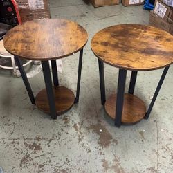 Industrial Small Round End Side Table for Living Room Set of 2, 2-Tier Side Table Sofa Table with Storage Rack and Metal Frame for Small Spaces Office