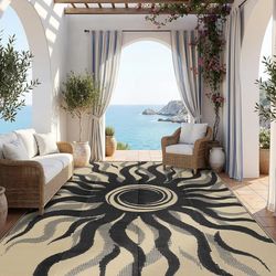 Reversible Outdoor Rug 8x10 Waterproof Patio Rugs with Boho Sun Pattern