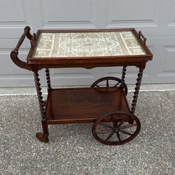 Oak Vintage Tea Cart With Removable Tray 