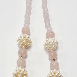 Vintage Gold Natural Pearl And Rose Quartz Necklace #15389