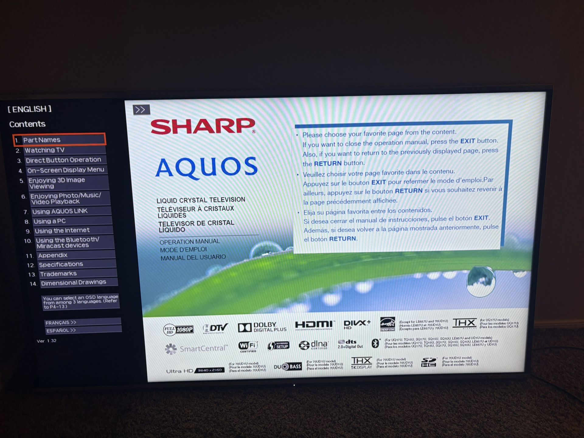 70 Inch Flatscreen T.v. Sharp Aquos Liquid Crystal