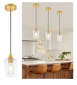 3-Pack Brushed Gold Pendant Lights Over Island Kitchen Light Fixtures Modern Clear Glass Hanging Lighting Over Sink, Adjustable Height Mini Pendant Li