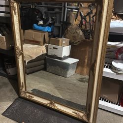 Large Vintage White & Gold Ornate Beveled Mirror 