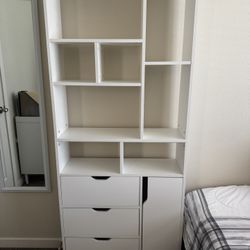 Tall White Wooden Bookcase with Drawers & Cabinet