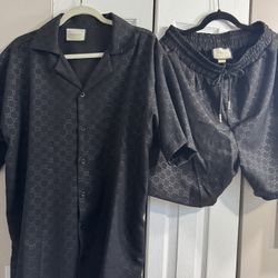Gucci Black Monogram Streetwear Set. Shorts And Button Up Shirt. Used But Like New!