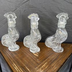 GLASS ROOSTER Decanters, with SHOT GLASS heads, VINTAGE, 1970’s