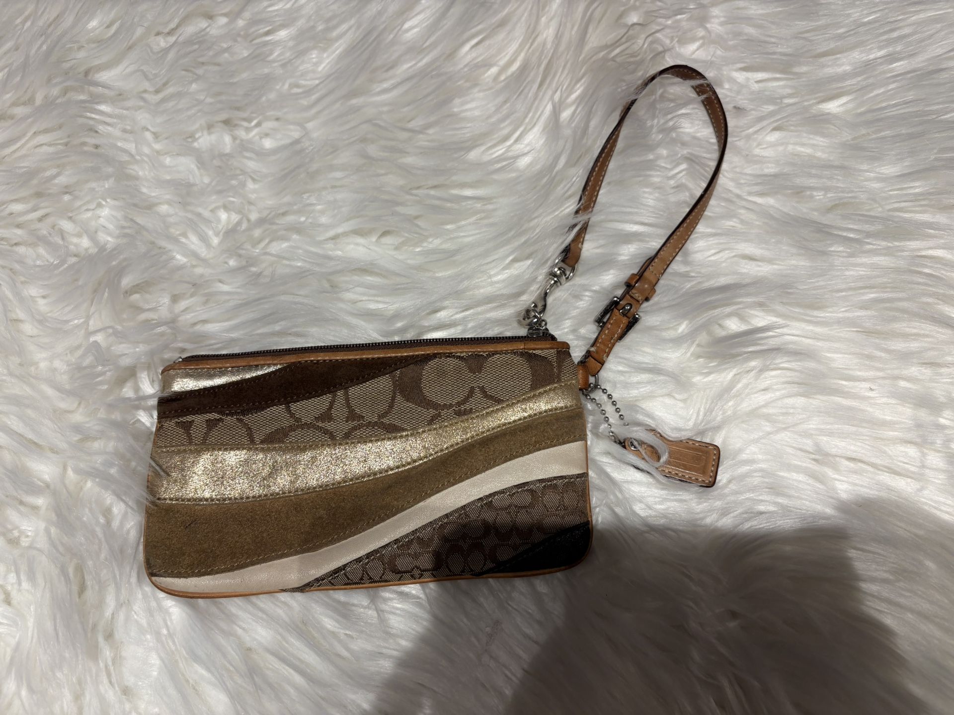 COACH Vintage Khaki Brown Metallic Patchwork Suede Leather Wristlet Bag Y2K