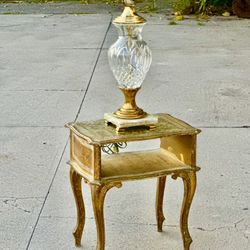 Gilded Hollywood Regency Side Table With Shelf And Beautiful Vintage  Glass  Lamp With Marble Vase 