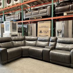 Lauretta 5-piece Leather Power Reclining Sectional with Power Headrest, Gray