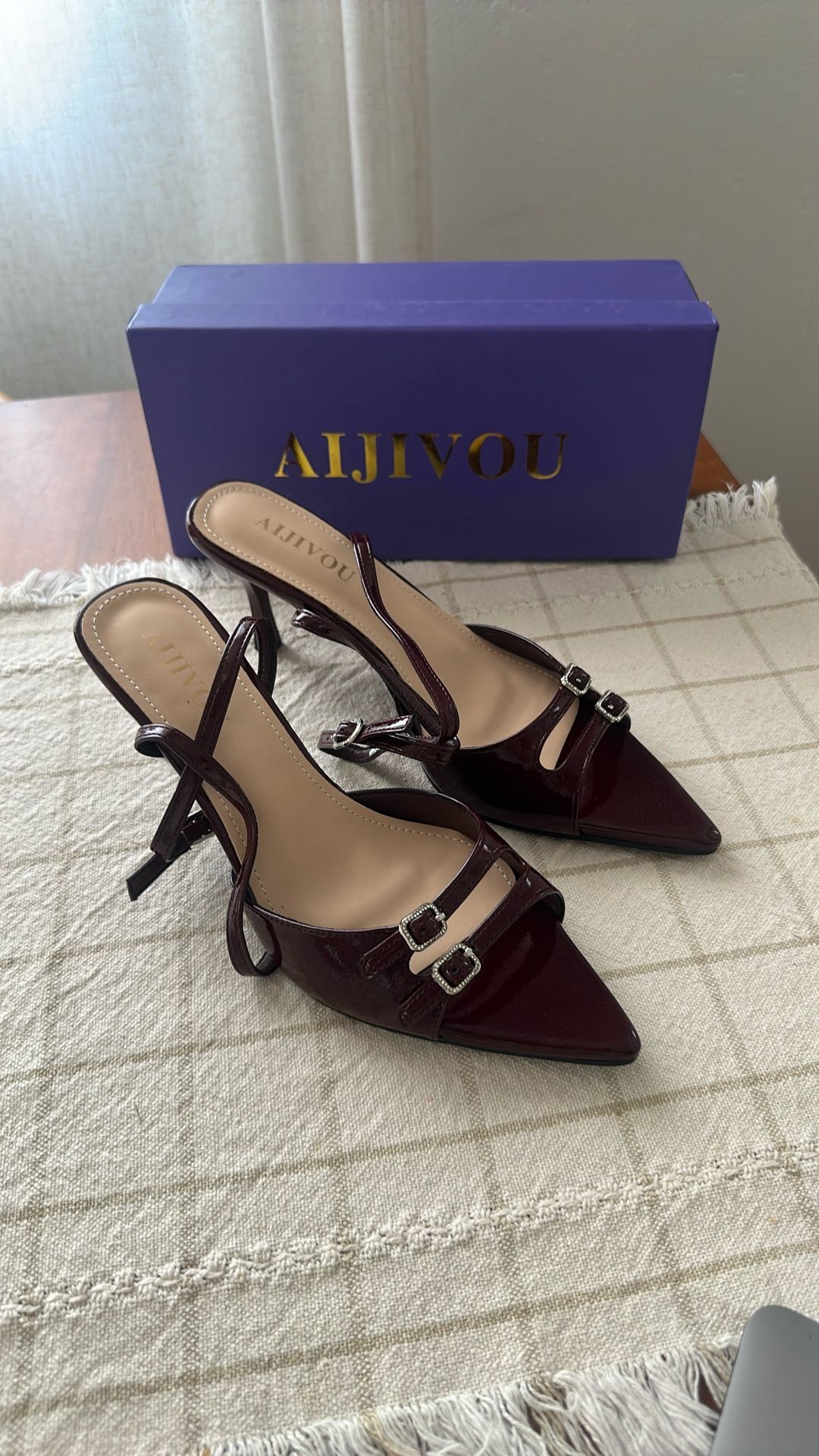 Size 9 Womens Kitten Heels Sandals Pointed Toe Double Buckle Strap Ankle Strap Heeled Sandals Strappy Party Dress Shoes