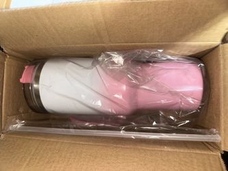 Pink and White Stainless Steel Tumbler with Straw