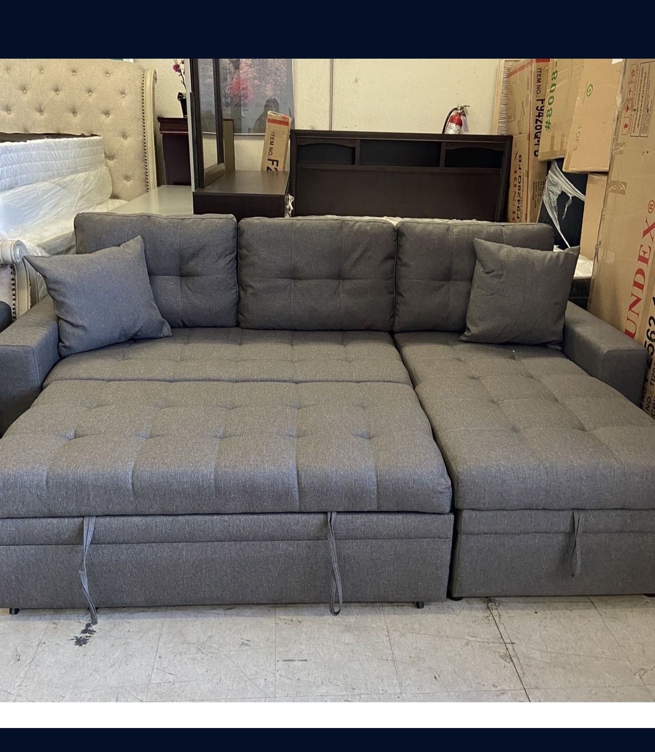 Sectional Sofa Pullout Bed W/Chaise Storage  Fabric Reversible  88”x57”X33”H