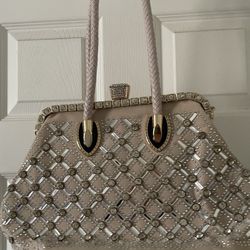 Women’s Small Beige Bedazzled Rhinestones Shoulder Bag 